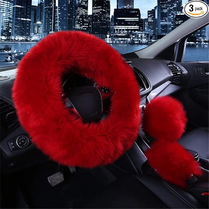 3 Pcs Car Steering Wheel Cover & Handbrake Cover & Gear Shift Cover Set Faux Wool Warm Winter (Wine Red)