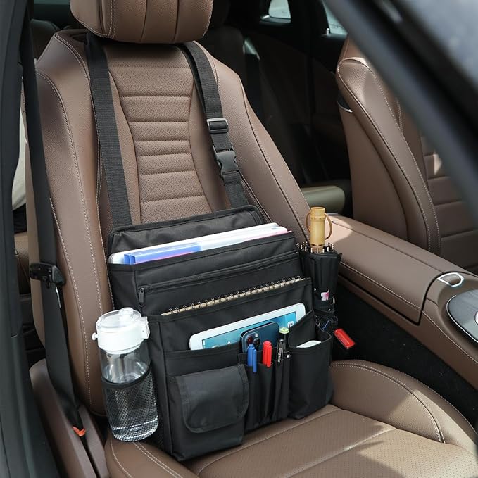 FORCTIBULL Car Front Seat Organizer for Paperwork File Laptop Mobile Office, Multi Compartment Storage Bag with Cup holder and Adjustable Strap for Car Work Truck Van