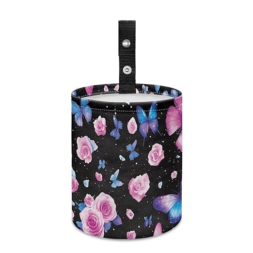 Brosoneto Butterfly Rose Car Trash Can, Waterproof Camping Trash Can, Car Interior Accessory for Back Seat, Front Console, Floor, or Hanging Headrest Waste Basket