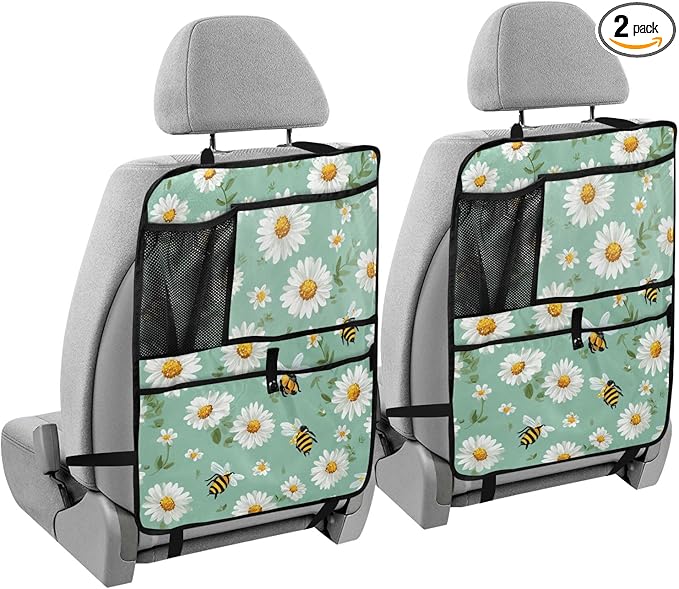 2 Pack Back Seat Car Organizer with Storage Pockets Kick Mats Back Seat Protector Hanging Car Organizer Automotive Seat Back Cover Organizers Mint Green Daisy Flowers and Bees