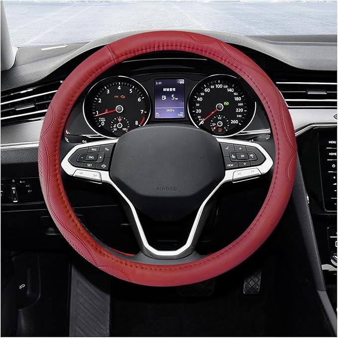 15 Inch Leather Steering Wheel Cover, Breathable Anti-Slip Steering Wheel Protector Cover, Elastic Soft Comfortable Universal Wheel Cover for Men and Women, Car Accessories (Wine Red)