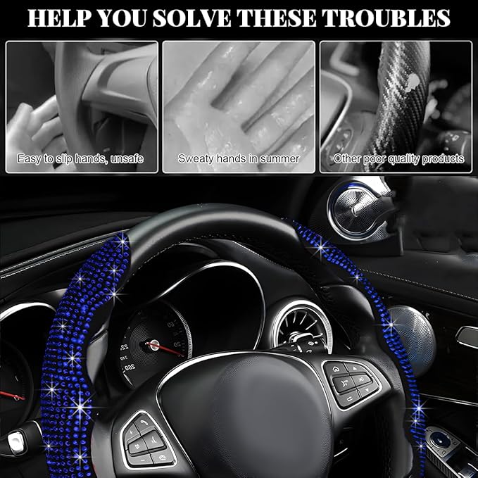 2 PCS Steering Wheel Cover, Segmented Car Wheel Covers with Crystal Rhinestones, Non-Slip Protector Bling Sparkly Decoration for Most Steering Wheels, Car Accessories (Blue)