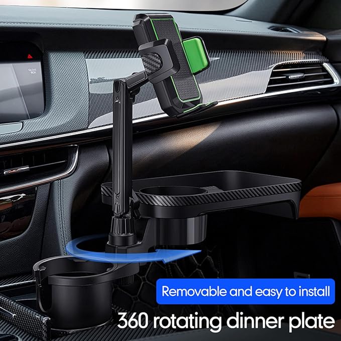 Cup Holder Tray for Car, Upgrade 4 in 1 Adjustable Detachable Car Food Table Tray with Solid Base & Phone Slot,Car Cup Holder Expander with 360°Rotation Tray for Travel Road Essential S