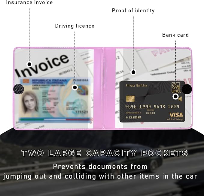 Ziciner 2PCS Car Registration and Insurance Holder, 5.2"× 4.7" Premium Auto Glove Box Organizer with Closure, Essential Vehicle Document Holder for Card, Driver License (Pink)