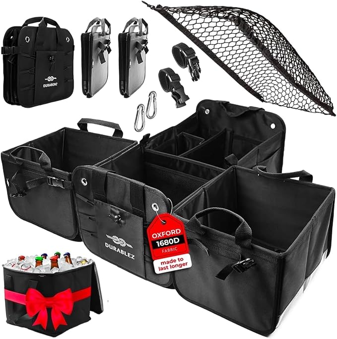 DURABLEZ Trunk Organizer 5-Section Modular XL Car Storage System – Extra Large Cargo Organizer for Car Trunk, Foldable Multi-Compartment Auto Organizer, Heavy Duty Oxford 1680D – Black