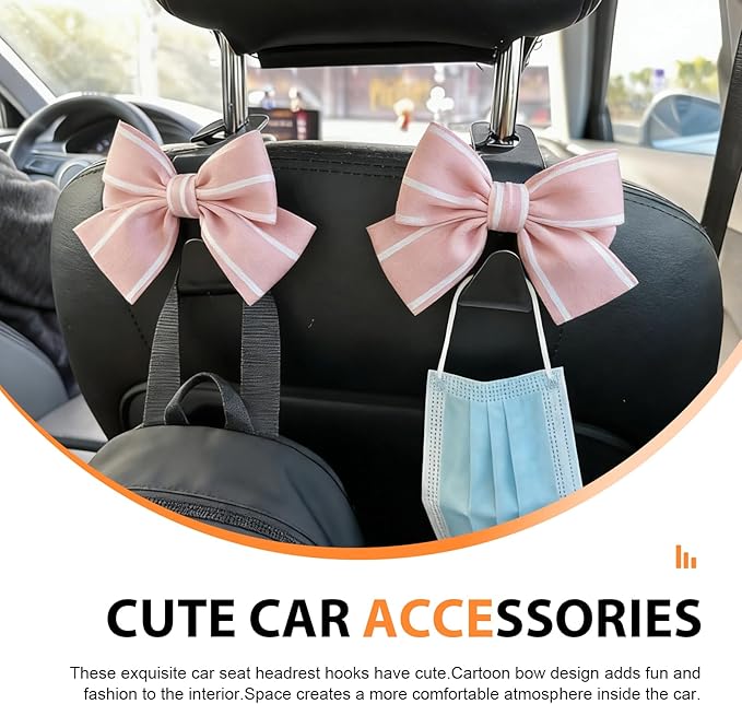 2 PCS Car Seat Headrest Hooks, Bow-Shaped Design Back Seat Storage Hangers, Automotive Purse Hanger for Purses, Bags, Umbrellas, Universal for Most Cars (Pink)