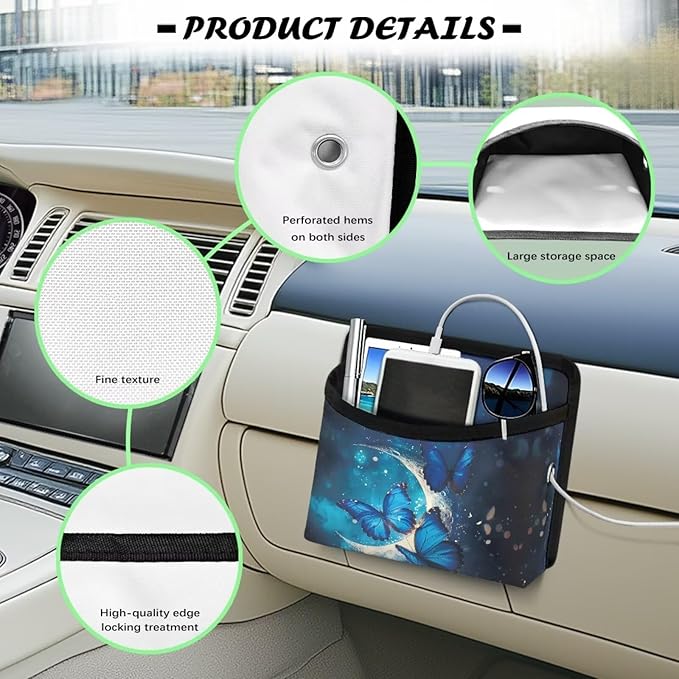 Blue Butterfly Car Organizer Storage Between Seats Front Back Seat Storage Pocket for Car Universal Auto Console Door Window Storage Bag Interior Organizer Holder for Phone Sunglasses