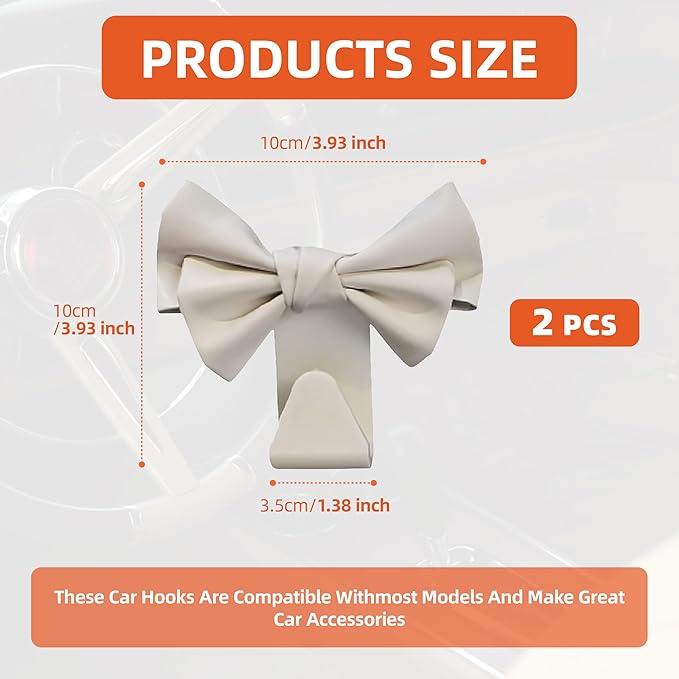 2PCS Car Seat Headrest Hooks, Cute Bow Shaped Car Purse Hook, Backseat Storage Hooks for Purses, Coats, Car Accessories (white)