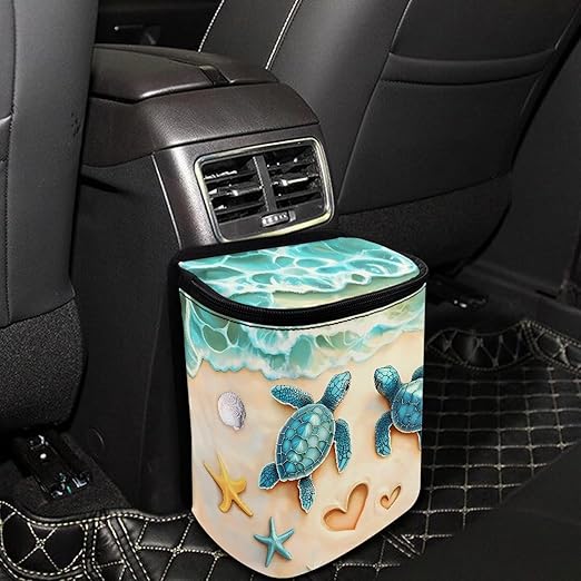 Talayituse Turtle Starfish Heart Beach Print Car Trash Can with Lid, Leak Proof Auto Trash Bag Hanging Vehicle Garbage Can Multipurpose Storage Container for Back Seat Road Trip