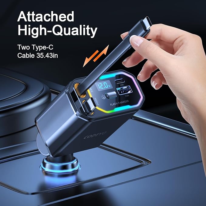 Retractable RGB Light PD 65W 110W Dual USB C Car Charger, 35.43 inches Retractable Cord, Type C Car Charger for iPhone 16/15/14/13/12, Samsung, USB-C MacBook Laptop