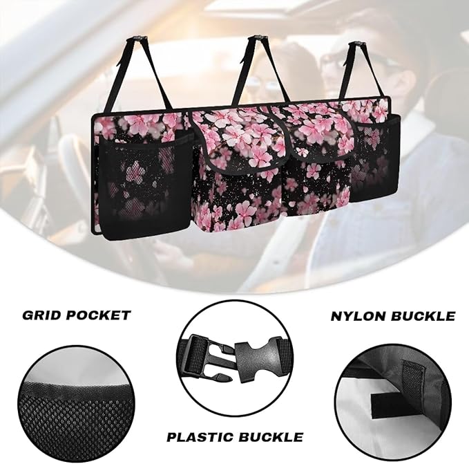 Car Trunk Organizer with 4 Pockets, Cherry Blossom Car Storage Organizer Oxford Cloth (37.01"*11.8") Portable Car Storage Bag with 4 Pocekt, Hanging Car Organizer for SUV/MPV/Truck/Van/Sedan