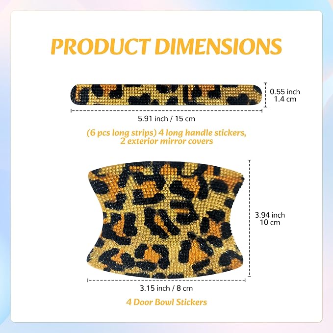 10PCS Bling Car Door Handle Protectors, 4 Door Bowl Stickers + 6 Handle Strips, Crystal Rhinestone Anti-Scratch Car Accessories, Sparkling Auto Decor, Universal for SUV Sedan Truck (Leopard Print)