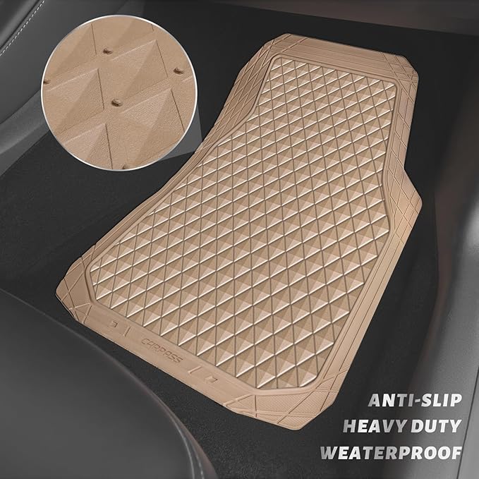 CAR PASS Beige Rubber Car Floor Mats & Cargo Liners, Durable Anti-Slip 3D Rhombus Waterproof Automotive Pad Trim Fit Liner All-Weather Trunk Mats Full Set Universal Fit Auto Van Sedan SUV Truck Beige