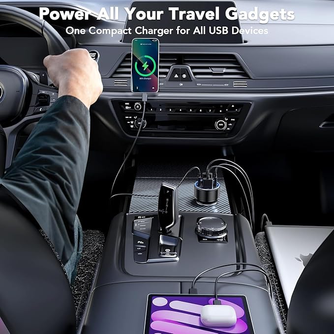 131W Car Charger Super Fast Charging Cigarette Lighter USB Phone Accessories Charger Voltmeter Adapter with QC USB c Type c PD Universal Quick Charge Multi 4 Port for 12-24v Car Cigarette Lighter Plug