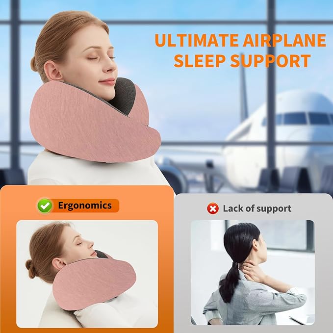 Ziixmile Travel Neck Pillow for Airplane – Memory Foam 360° Support Compact Design Ergonomic Flight Pillow for Sleeping & Neck Support Portable Travel Pillows for Adults, Car, Office Home (Pink)