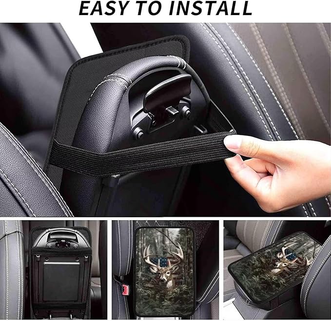 Car Center Console Cushion Pad American Flag Elk Universal Armrest Seat Box Cover Protector Jungle Vintage Animal Comfortable Car Decor Accessories Fit for Most Cars, Vehicles, SUVs
