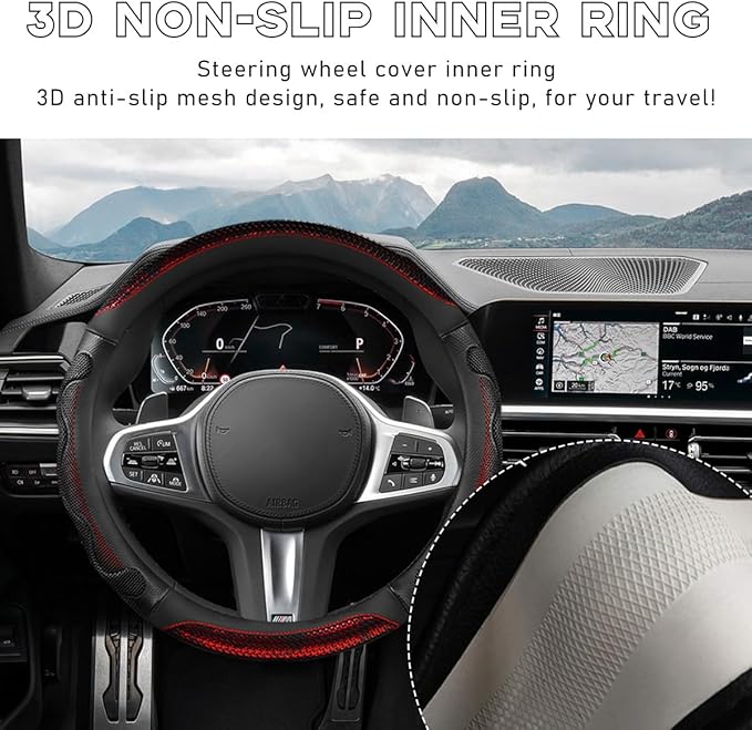 Car Steering Wheel Cover, 15 Inch Leather Round Comfy Grip Steering Wheel Protector, Anti-Slip Steering Wheel Cover with 3D Honeycomb for Most Vehicles, Car Accessories (Red)