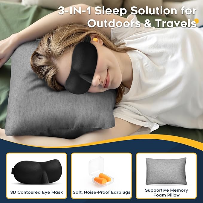 CushyOasis All-in-1 Camping Pillow Set - Shredded Memory Foam Small Travel Neck Pillow for Sleeping with Eye Mask, Earplugs & Washable Cover, Compact for Backpacking, Hiking, Airplane, Car, M Size