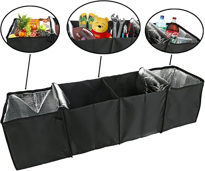 lebogner Auto Trunk Organizer With Insulated Cooler Compartments X-Large Vacation Trunk Cooler Box For Hot Or Cold Food While Traveling, Multipurpose Collapsible Car Accessories Storage Organizer