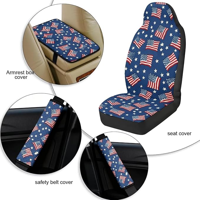 Qeluxign American Flag Star 5 Piece Car Accessories Set with 2 PU Leather Seat Covers, 2 Belt Pads & 1 Armrest Cover Fit for Most Vehicles Easy Install & Clean