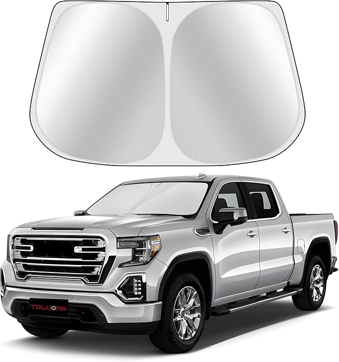 Toluoma Custom Fit Windshield Sun Shade for GMC Sierra 1500 2500 3500 2019-2025 - Full Coverage, 210T Reflective Fabric, Blocks 99% UV Rays, Keeps Car Cool, Easy to Install and Store