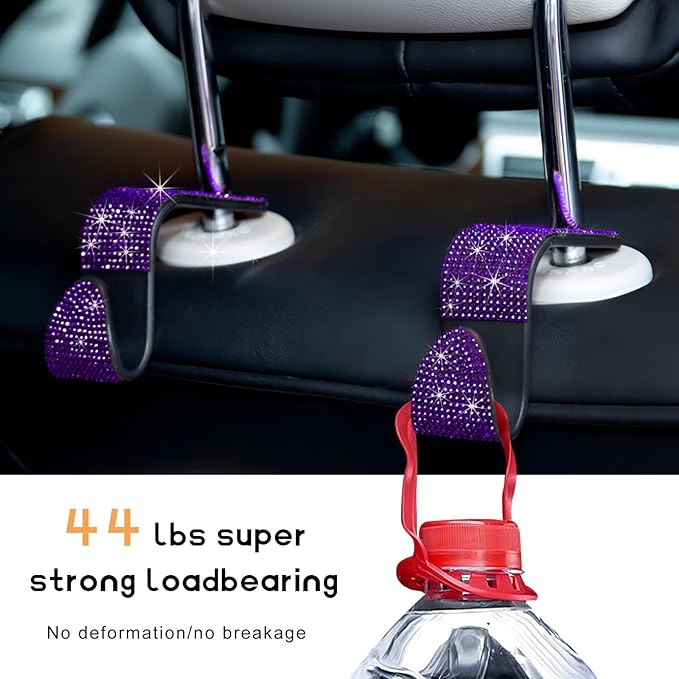 4 PCS Car Seat Headrest Hooks, Bling Rhinestone Purse Hook Vehicle Back Seat Hanger, Sparkling Crystal Headrest Hangers Storage Organizer for Grocery Bag Handbag Coats (Purple)