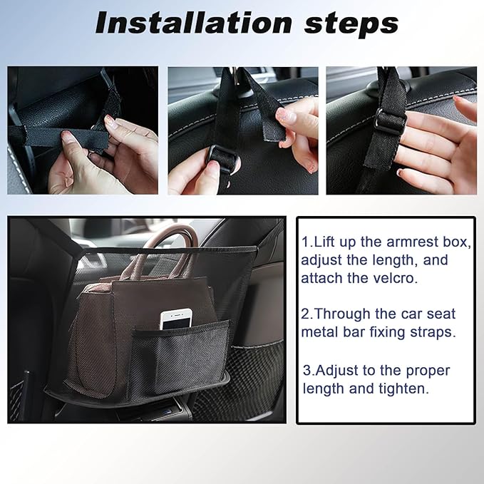 Car Net Pocket Handbag Holder, Organizer Mesh Bag Between Seats, Driver Storage Netting Pouch for Handbag Purse, Universal Accessory for Women and Men, Pet/Kids Car Barrier (Black)