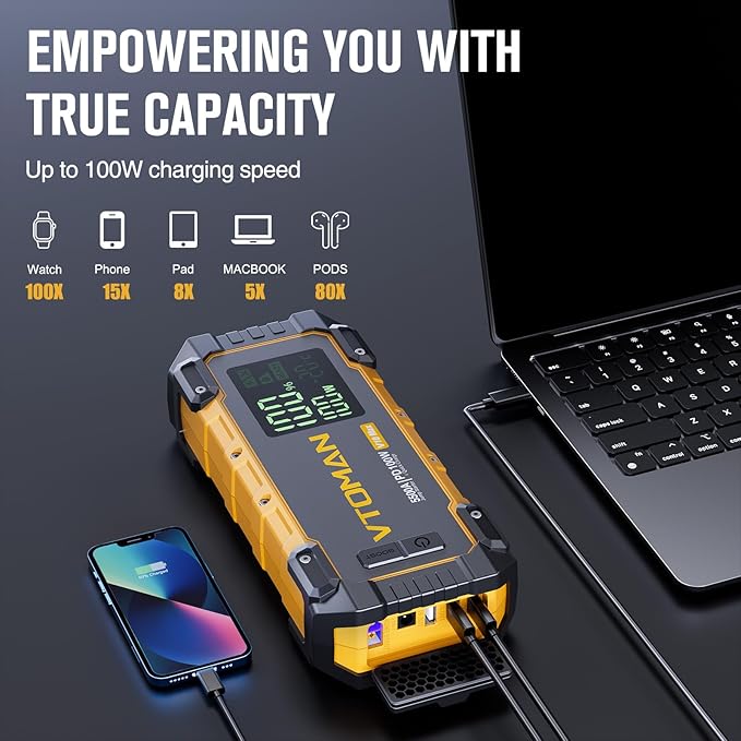 VTOMAN V10 Max 5500A Jump Starter with 100W USB-C Fast Charger Car Battery Jumper Starter Portable for All Gas or 12L Diesel Engines,12V Jump Strart Booster Pack, Jump Box Comes with 100W Car Charger