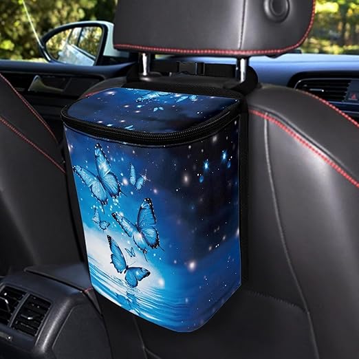 Blue Butterfly Car Trash Can Leak Proof Hanging Garbage Bin for Back Seat Easy to Install Vehicle Trash Can Hanging Fashion Auto Interior Universal Fit Truck Automotive Most Cars