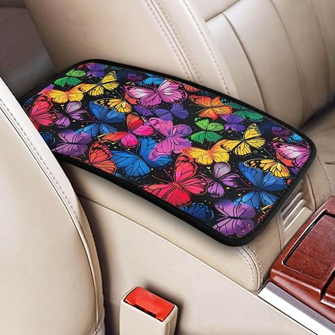Colorful Butterfly Center Console Cover Butterflies Arm Rest Covers Armrest Pad Lid Cushion Pads for Most Vehicle, SUV, Sedan Animal Pink Blue Cars Accessories