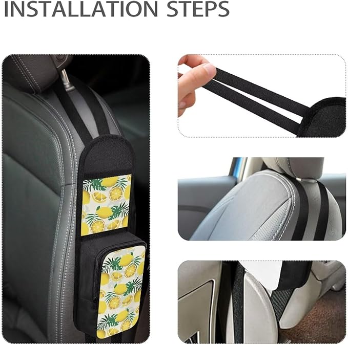 Lemon Print Car Seat Organizer Auto Front Seat Side Hanging Bag Passenger Accessories Organizer,Multi Functional with ziiper and pocket mouth
