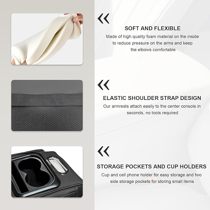 Car Center Console Armrest Pillow, Leather Arm Rest Cover Pad with 2 Storage Pockets Cup Holder & Phone Slot, Soft Middle Console Cushion Protector for Most Vehicles (Black, Normal)