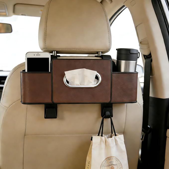 Car Organizers and Storage Box, Multifunctional Car Seat Back Storage Box with Tissue and Hook for Hold Phone Water Cup Handbag, Fits Most Vehicles (Beige,2PCS)