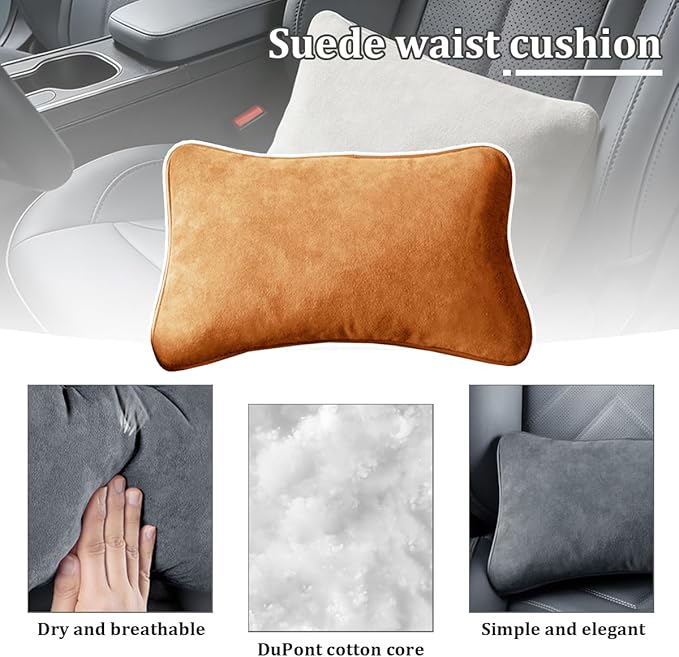 Car Lumbar Support Pillow, Suede Leather Vehicle Driving Seat Lumbar Support Pillow for Lower Back Pain Relief, Auto Interior Back Cushion Pad, Universal for SUV Sedan Truck (Orange/Yellow)