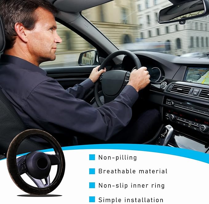 Augeny Fuzzy Car Steering Wheel Cover, Anti-Slip Soft Plush Steering Wheel Protector, 15 Inch Elastic Wheel Covers, Universal Vehicle Interior Winter Warm Accessories for Men Women (Coffee)