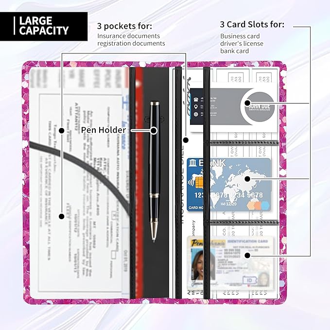 ADUQLZUX Leather Car Registration and Insurance Card Holder, Cute Car Accessories Vehicle Glove Box Car Organizer for Documents, Cards, License Glitter Purple Pattern