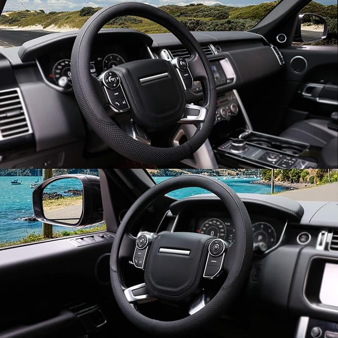 COFIT Breathable Car Steering Wheel Cover 16 inch Auto Universal Leather Wrap Non-Slip Steeringwheel Protector Automotive Interior Accessories, Black (Suit for 15 1/2-16 inch)