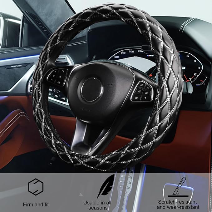 Car Steering Wheel Cover, 15" Soft Rubber Foldable Vehicle Steering Wheel Protector with Anti-Slip Lining, Automobile Interior Decoration Accessories, Universal for Most Vehicles (Black/White)
