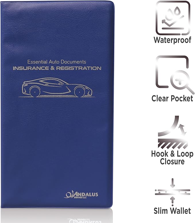 Andalus Auto Registration & Insurance Card Holder Pack of 2, Waterproof Essential Car Registration Holder with Hook & Loop Closure, Perfect for Every Vehicles Glove Boxes (Blue - 9.5" x 5.15")