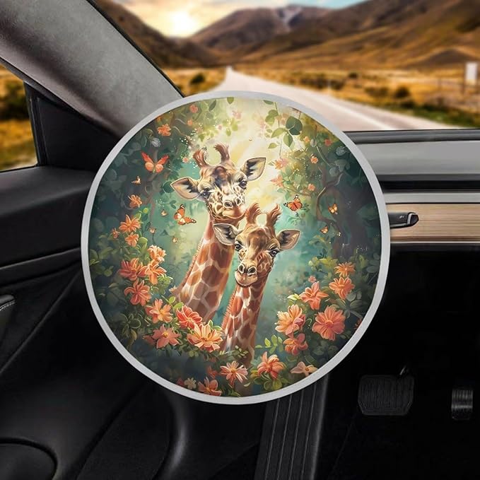 Steering Wheel Sun Shade Cover 17"x17" Car Steering Wheel Cover Vehicle Steering Wheel Protector Decorative Accessories for SUV Truck Car Van, Giraffe Peach Blossom Butterfly