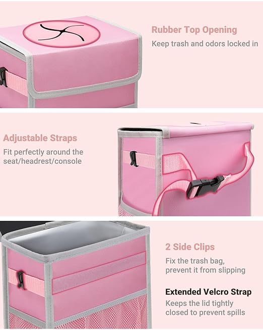 Capolo Car Trash Can with Lid, Leakproof Car Trash Bag Hanging Waterproof Automotive Garbage Can with Storage Pockets Mini Vehicle Trash Bin for Back/Front Seat(Pink,2.5 Gallon)