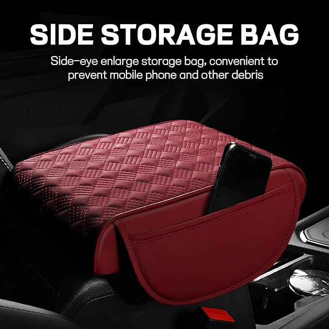Hbxdeco Car Armrest Cushion, 12.2"×8.3" Leather Auto Memory Foam Center Console Pad with Storage Pocket, Waterproof & Anti-Scratch Elbow Pillow Armrest Seat Box Protector, Universal Fit (Red)