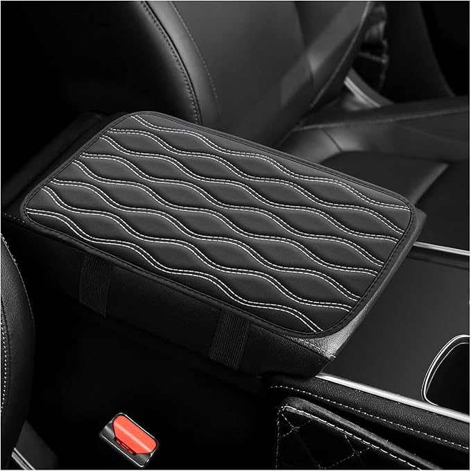 Car Center Console Pad, Waterproof PU Leather Auto Armrest Box Cover, Comfortable Vehicle Arm Rest Protector Cushion Pad for Car SUV, Universal Car Accessories (Black+White)