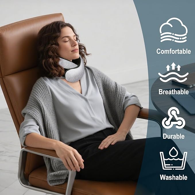 GongPath Travel Neck Pillow for Airplanes, 100% Memory Foam Neck Pillow for Sleeping, 360° Neck Support Pillow, Compact and Ergonomic Design for Travel, Car Rides, Airport (Light Grey)