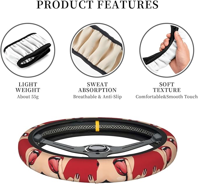 Tongue Out Neoprene Steering Wheel Covers Women Men Car Accessories, Universal 15 Inch Fit Auto, Suvs, Truck