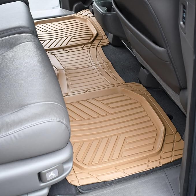 BDK Beige Heavy Duty Front & Rear Rubber Floor Mats Universal Liners for Car SUV Van & Truck, All Weather Protection with Anti-Slip Nibs, Fit Contours of Most Vehicles