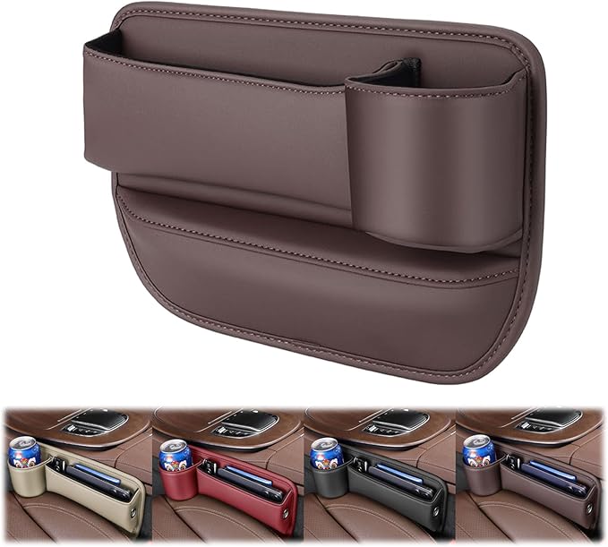 Peticehi Car Leather Cup Holder Gap Bag, No Logo Leather Car Seat Storage Box with Water Cup Holder, Car Seat Gap Filler Organizer (for Passenger seat,Brown)