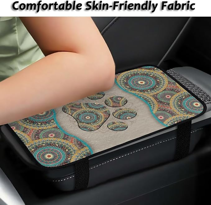 Bulopur Boho Dog Paw Prints Auto Armrest Console Accessories Flannel Center Console Cover Warmth Car Console Covers Protect from Pet Claws Fit Most Car, Truck, SUV, or Van