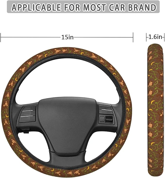 FeHuew Cute Monkeys Bananas Steering Wheel Cover for Women, Girls 15 inch Universal Auto Car Anti Slip Wrap Steering Wheel Covers Fit for Vehicles, Truck, SUV