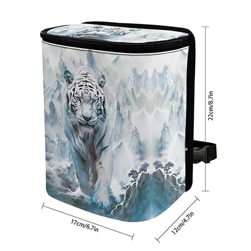 1.2 Gallons Car Trash Can for Women, White Tiger Auto Trash Can for Car, Adjustable Hanging for Tail of Console/Back of Seat, Odor-Free with Zipper Leak-Proof Lid Design, Small and Convenient